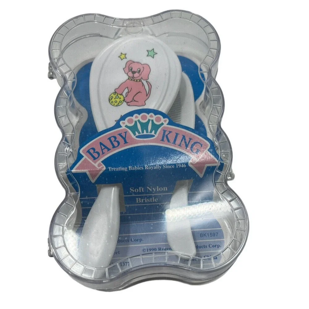 Vintage Baby Care Comb & Brush Set Puppy Dog White Baby King Gift Set